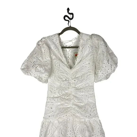 Farm Rio 100% Cotton Eyelet Midi Dress Puff Sleeve Tiered Cottage Farm Summer S - Picture 8 of 12